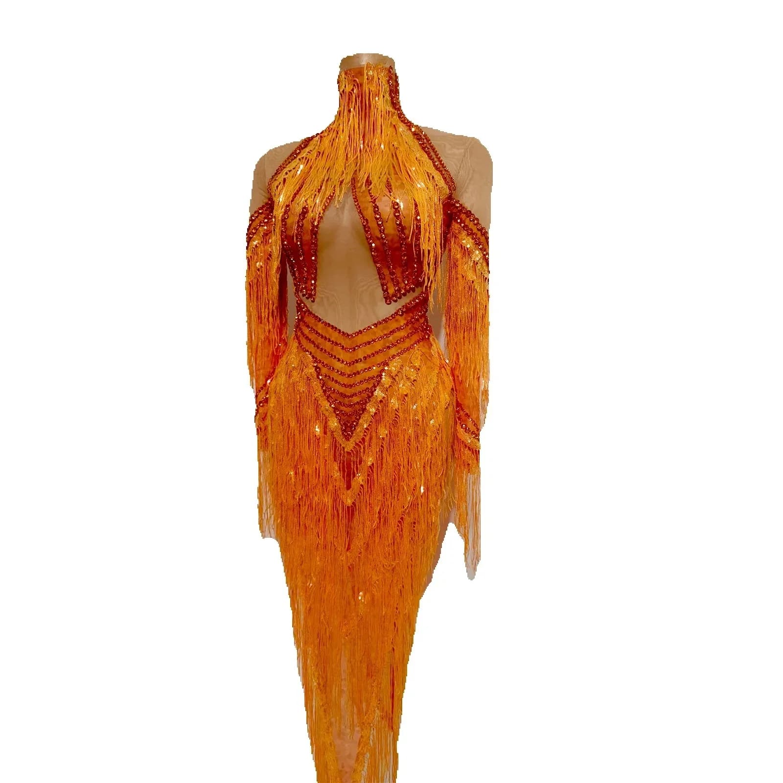 Combinaison moulante sexy pour femme à col montant et manches longues, en maille transparente orange