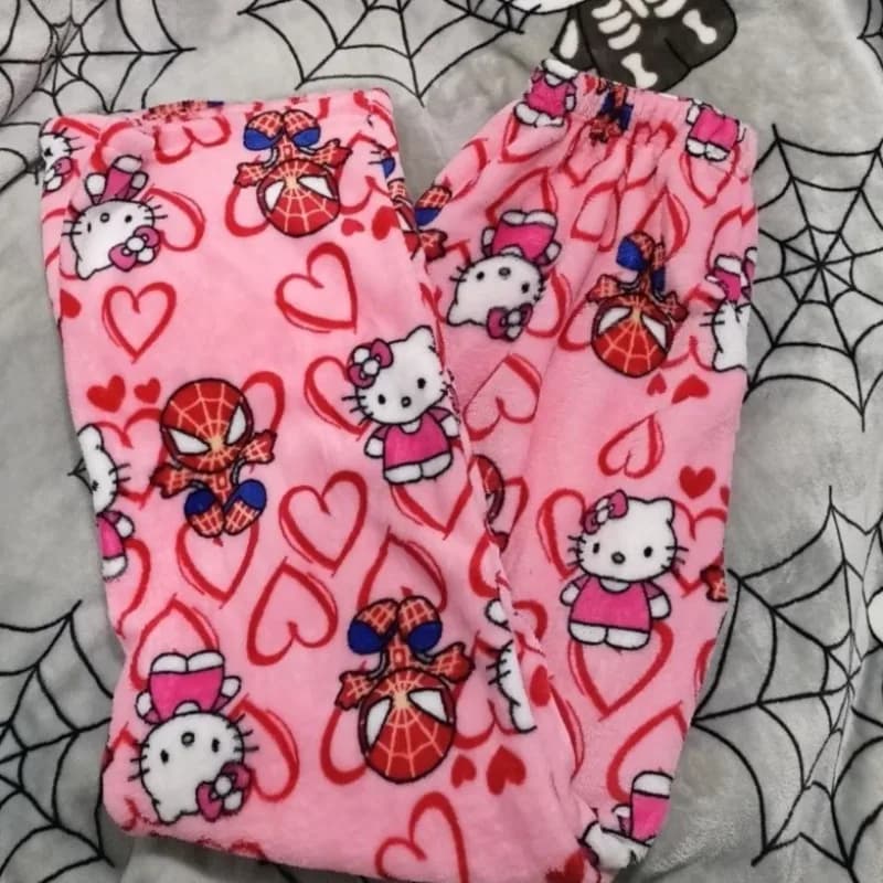 Pantalon de pyjama en flanelle Hello Kitty, imprimé dessin animé, ample, pour l'automne et l'hiver, 