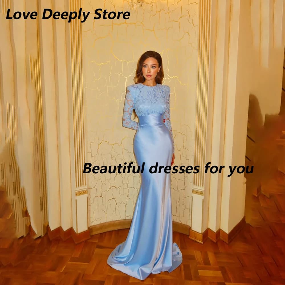 Robes de soirée personnalisées bleu clair en dentelle et satin, manches longues, col rond, coupe sir