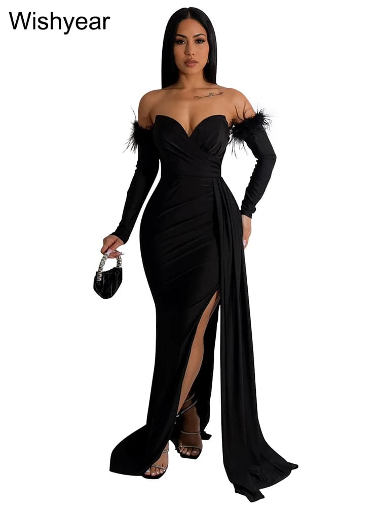 Wishyear-Robe de Soirée Longue et Élégante avec Manches pour Femme, Tenue de Mariage, Noël, Annivers