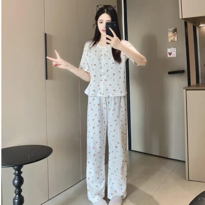 Pyjama rayé en coton rose pour femmes, ensemble deux pièces pour l'été, chemise à manches courtes et
