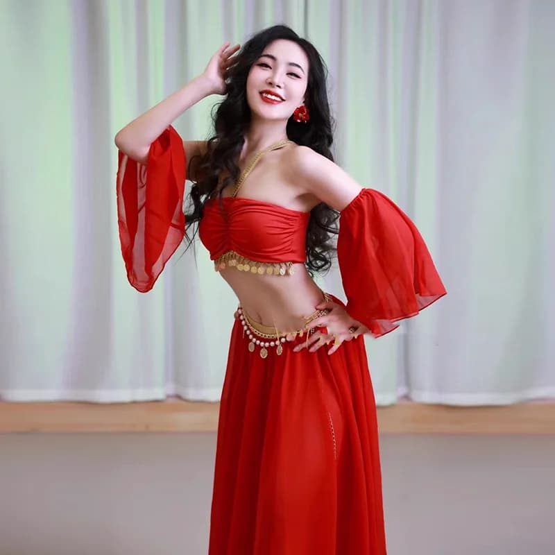 Ensemble d'entraînement de danse du ventre pour femmes, haut sans manches + jupe longue fendue Sexy 