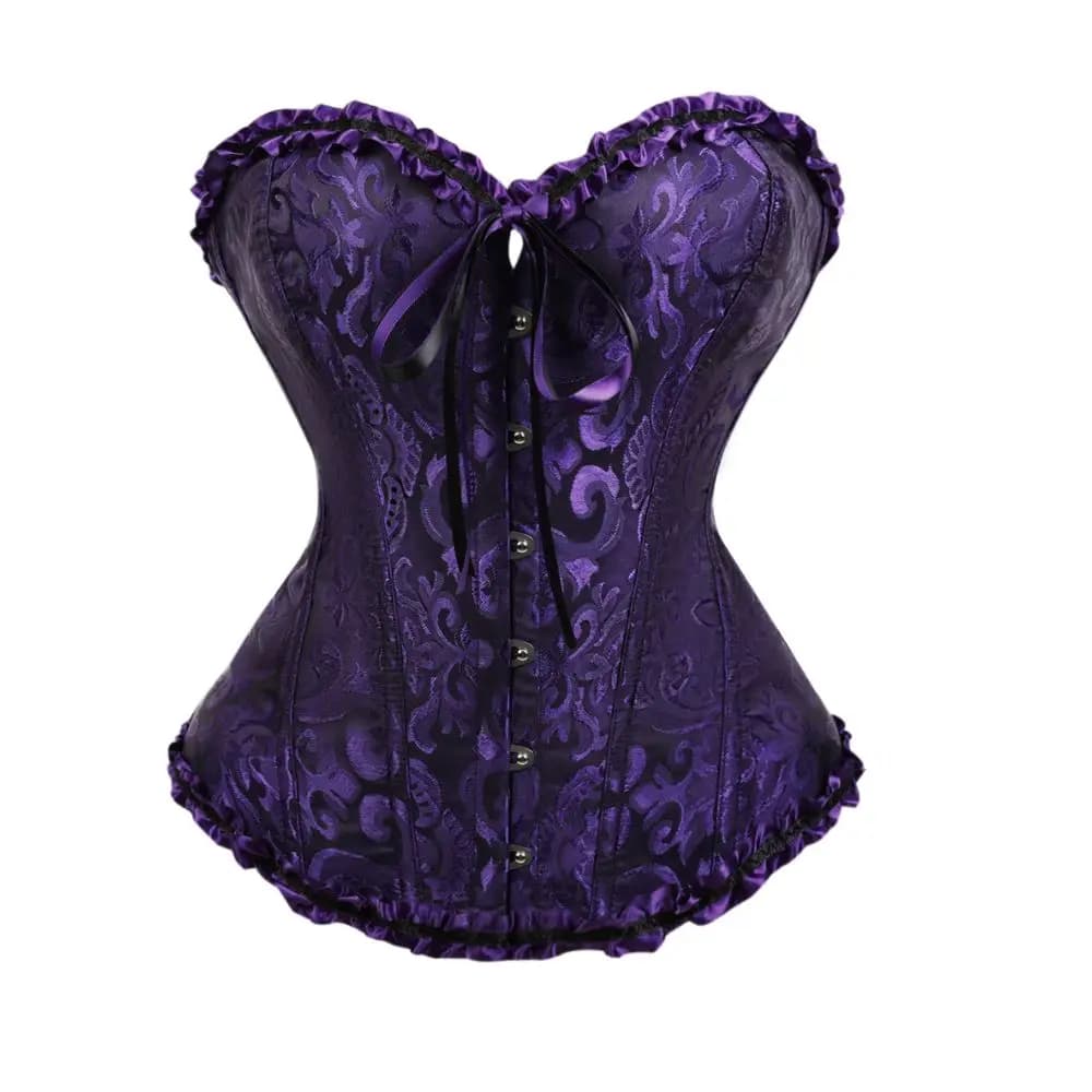 Corset violet jacquard à encolure cœur, fermeture avant, dos à lacets, bordure à volants, style goth