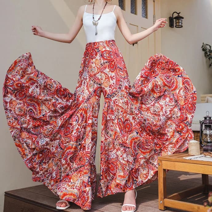 TEELYNN-Pantalon large à imprimé floral pour femme, style bohème, culotte décontractée, taille haute
