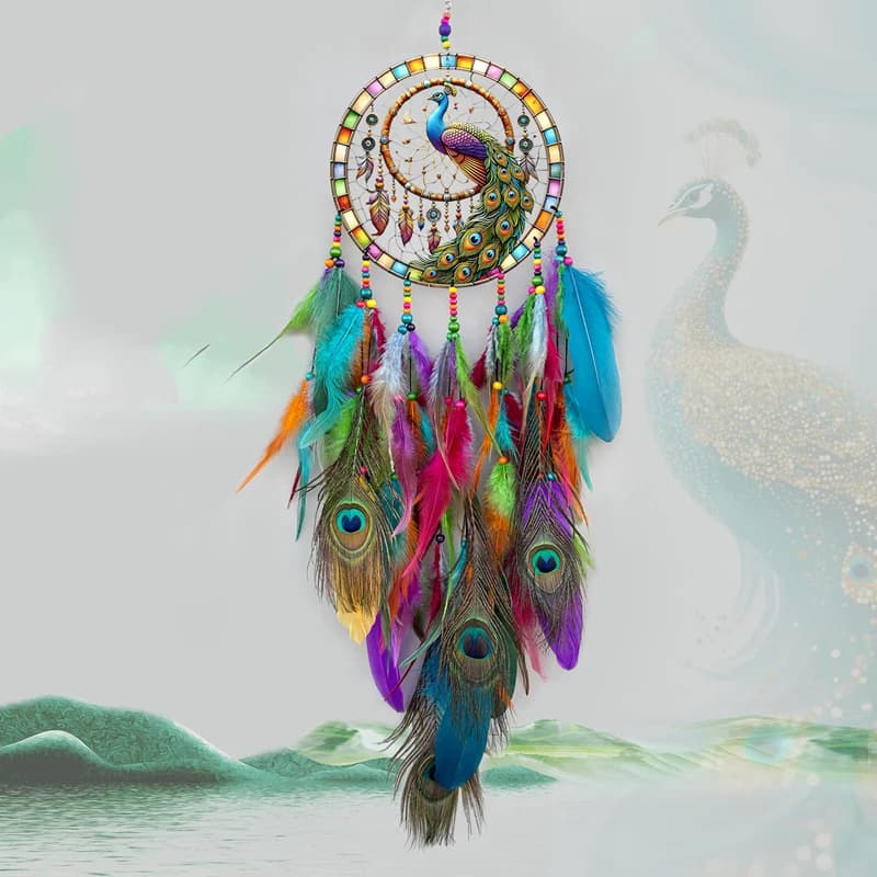 Attrape-rêves en plumes colorées de paon, carillons éoliens en acrylique 3D, grandes tentures murale