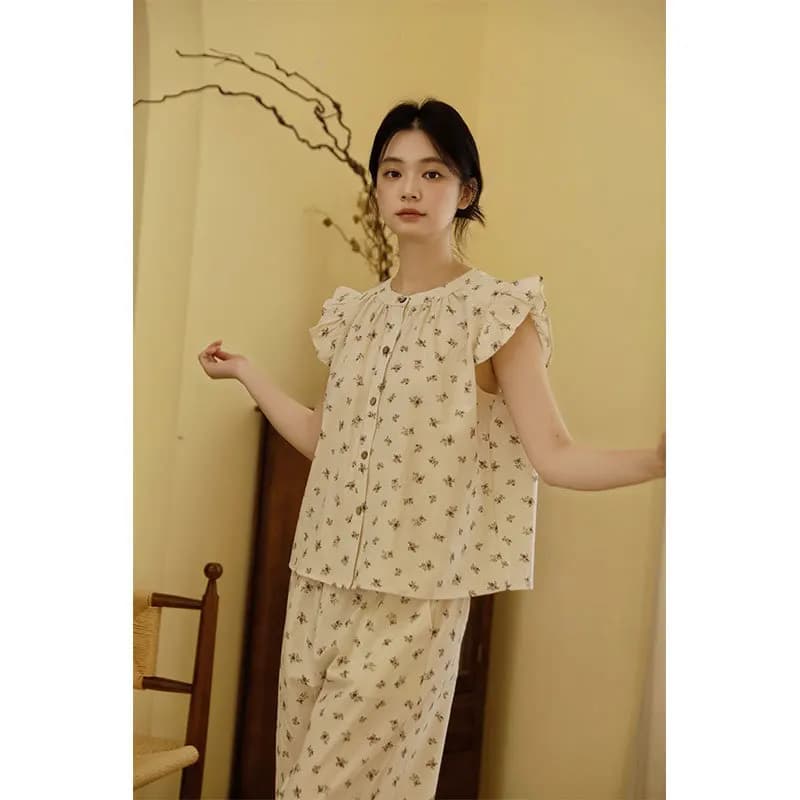 Pyjama en coton et lin respirant pour femme, ensemble de vêtements de nuit d'été avec imprimé cœur m