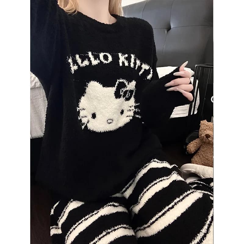Hello Kitty deux pièces ensemble de pyjamas femmes noir 2025 hiver blanc contraste rayé moelleux déc