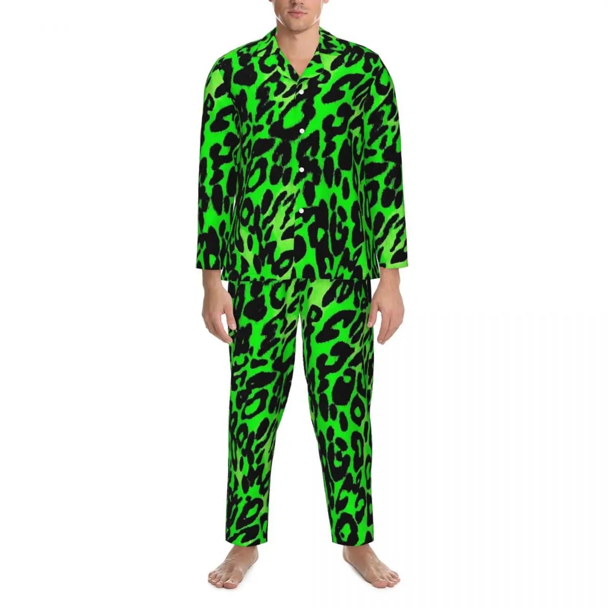 Pyjama Bergame Léopard Vert pour Homme, Vêtements de Nuit Kawaii, Imprimé Animal, Manches sulf, Cham