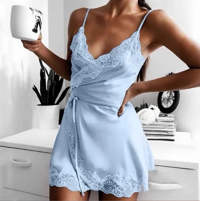Chemise de nuit pour femmes, lingerie sexy confortable pour l'été, pyjama en satin de soie et dentel