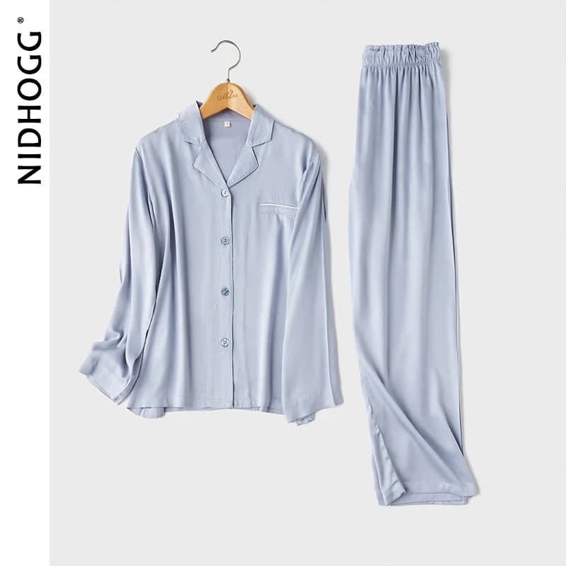 Pyjama en Satin à Manches sulfet Col Rabattu pour Couple, Vêtement de Nuit 2 Pièces, Couleur Unie, a