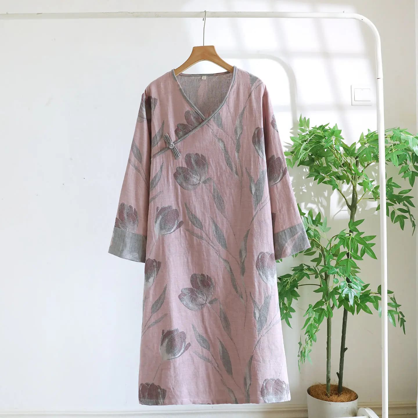 Chemise de nuit en coton pur teint en fil de style chinois pour femmes, vêtements de détente en gaze