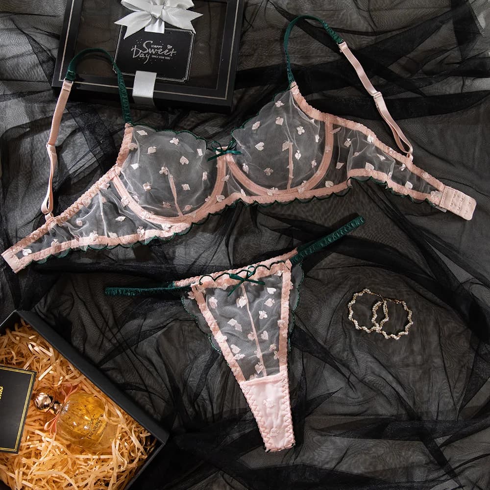 Bra Set Strap gathering deep V exposed breast perspective spots sexy underwear woman sexy lingerie s
