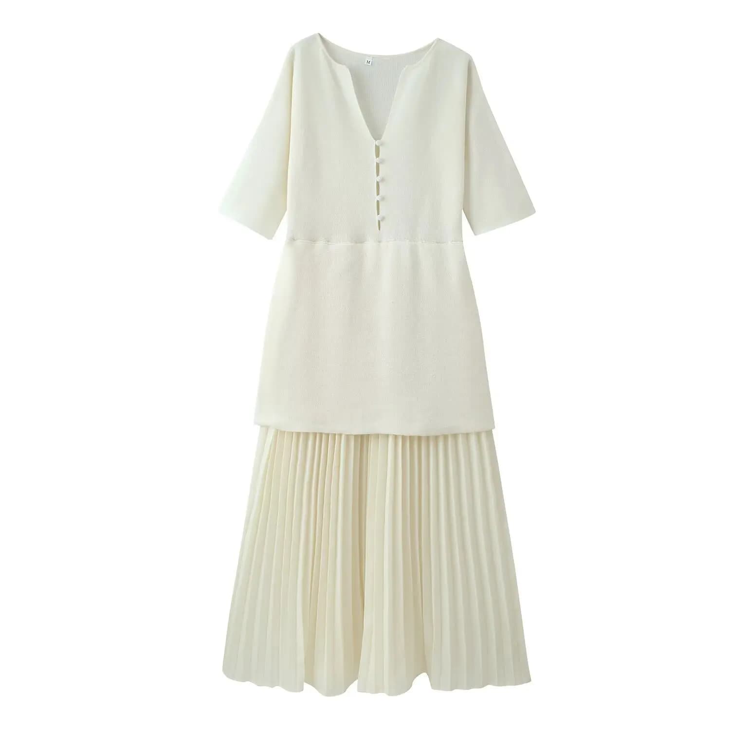Robe plissée tricotée à manches courtes et col en V sexy, style vacances à la française, nouvelle mo