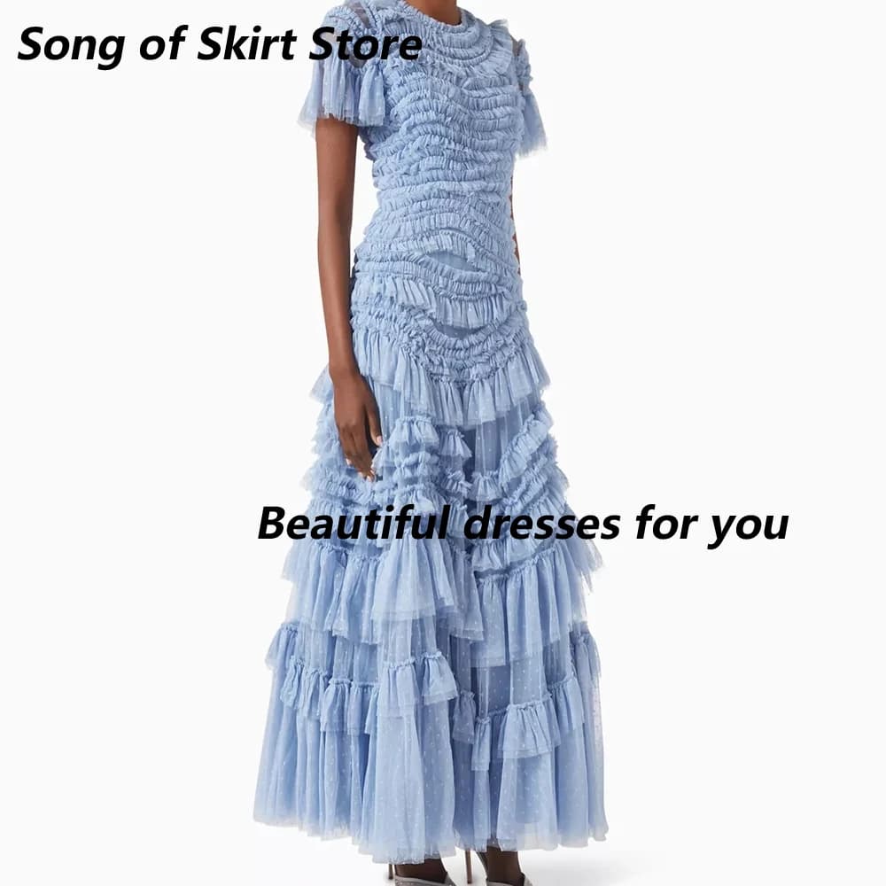 Robe de soirée bleue personnalisée, col rond, plissée en tulle, coupe trapèze, pour femme, manches c