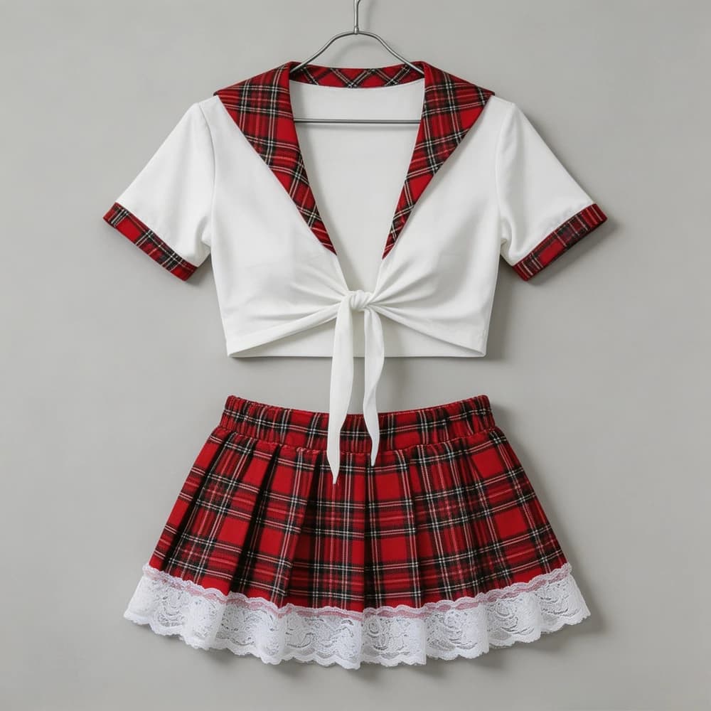 Ensemble de lingerie cosplay d'écolière, haut court à carreaux rouges avec nœud à l'avant, mini-jupe