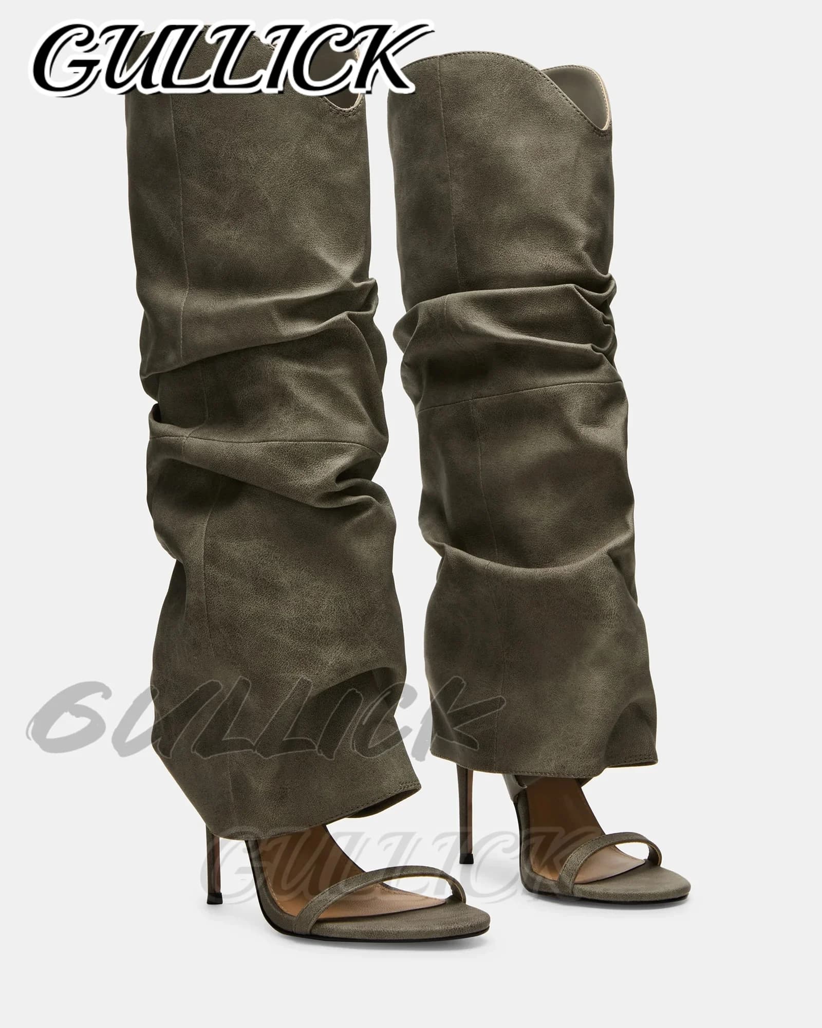 Bottes d'été plissées vertes, talons à une sangle, bout rond, chaussures hautes pour femmes, luxe De