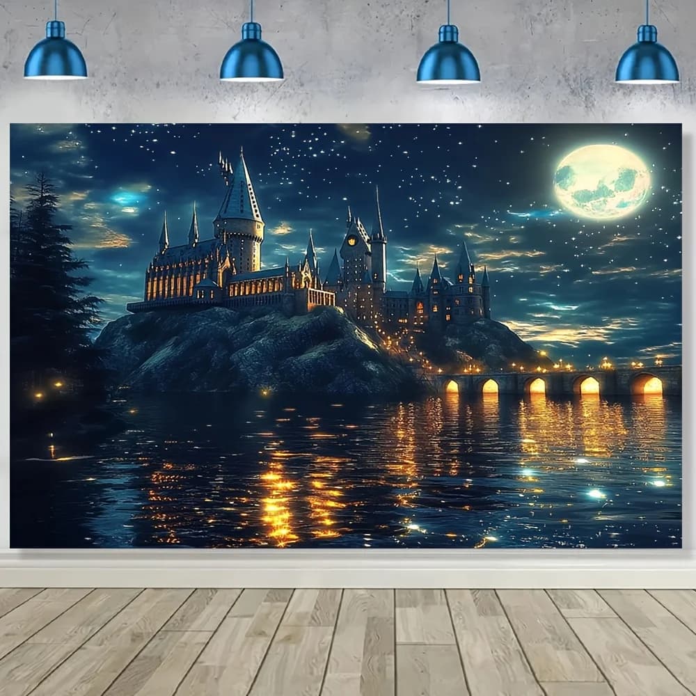 Tapisserie de château enchanté – Scène de nuit magique avec lune et lac pour la décoration de la mai