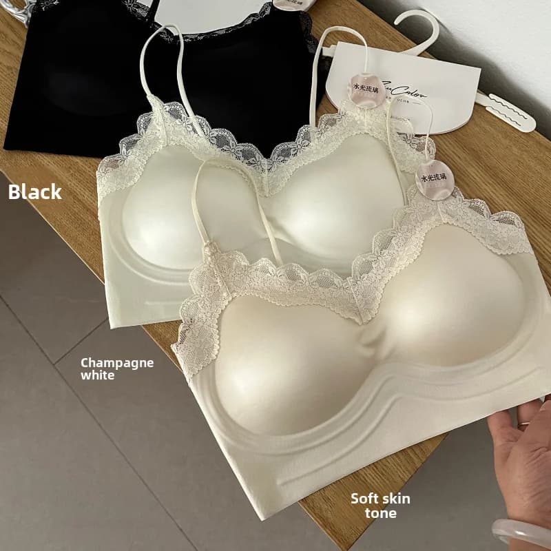 Soutien-gorge sans dos en satin pour femme, bustier en dentelle française avec bandes de maintien en