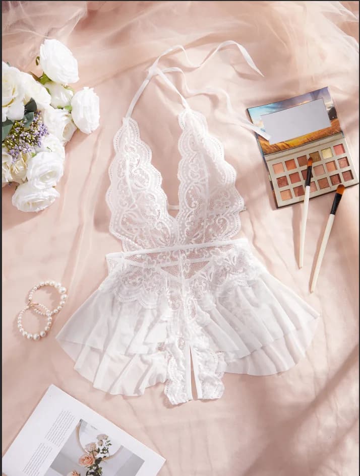 Body sexy érotique pour femme, violet, sans entrejambe, en dentelle, col en V, lingerie et pyjama de