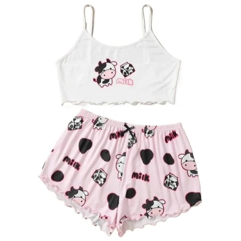 Mignon vache imprimé haut sans manches et short vêtements de nuit pour femmes 2 pièces pyjamas ensem