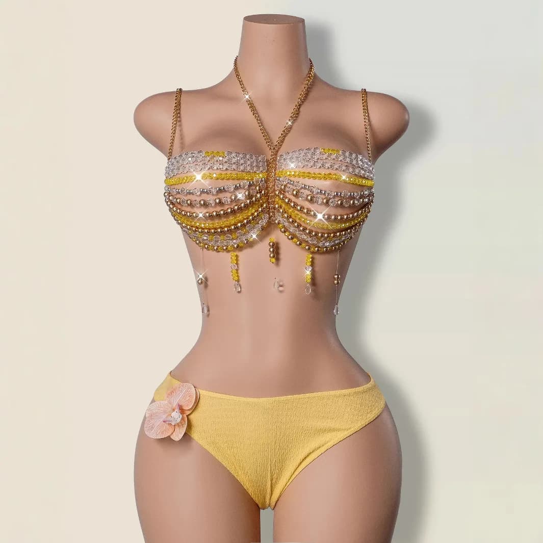 Chaîne de soutien-gorge en cristal avec perles dorées pour femmes, haut court, bikini, fête sur la p