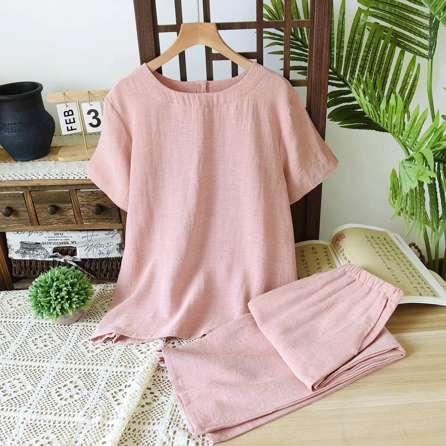 2025 Couple Tencel chanvre coton pyjamas hommes et femmes décontracté Simple et confortable à manche