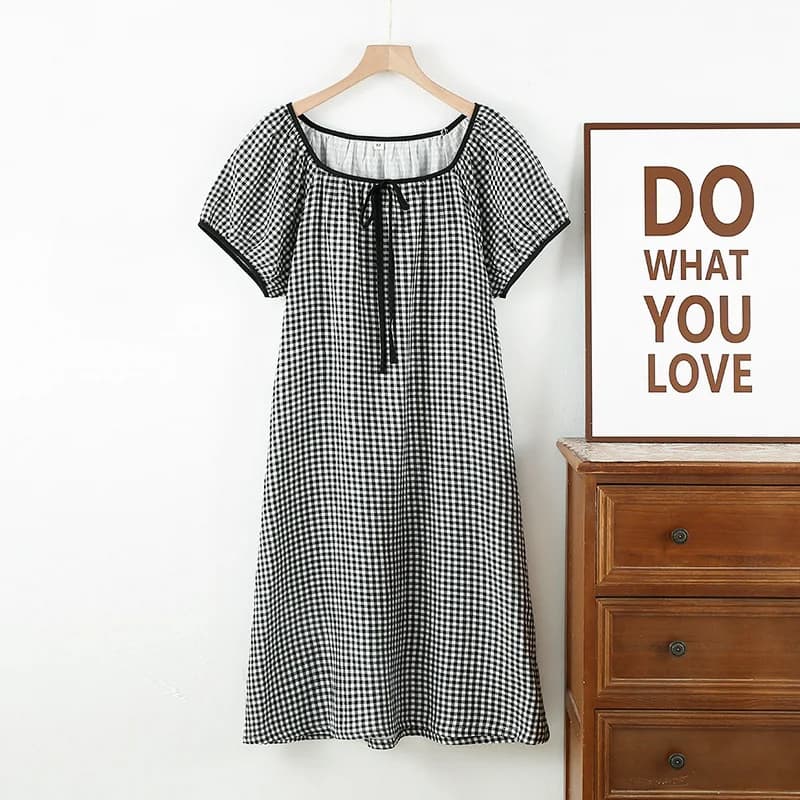 Chemise de nuit en gaze à carreaux de coton pour femmes, manches courtes, fine, ample, jupe de maiso