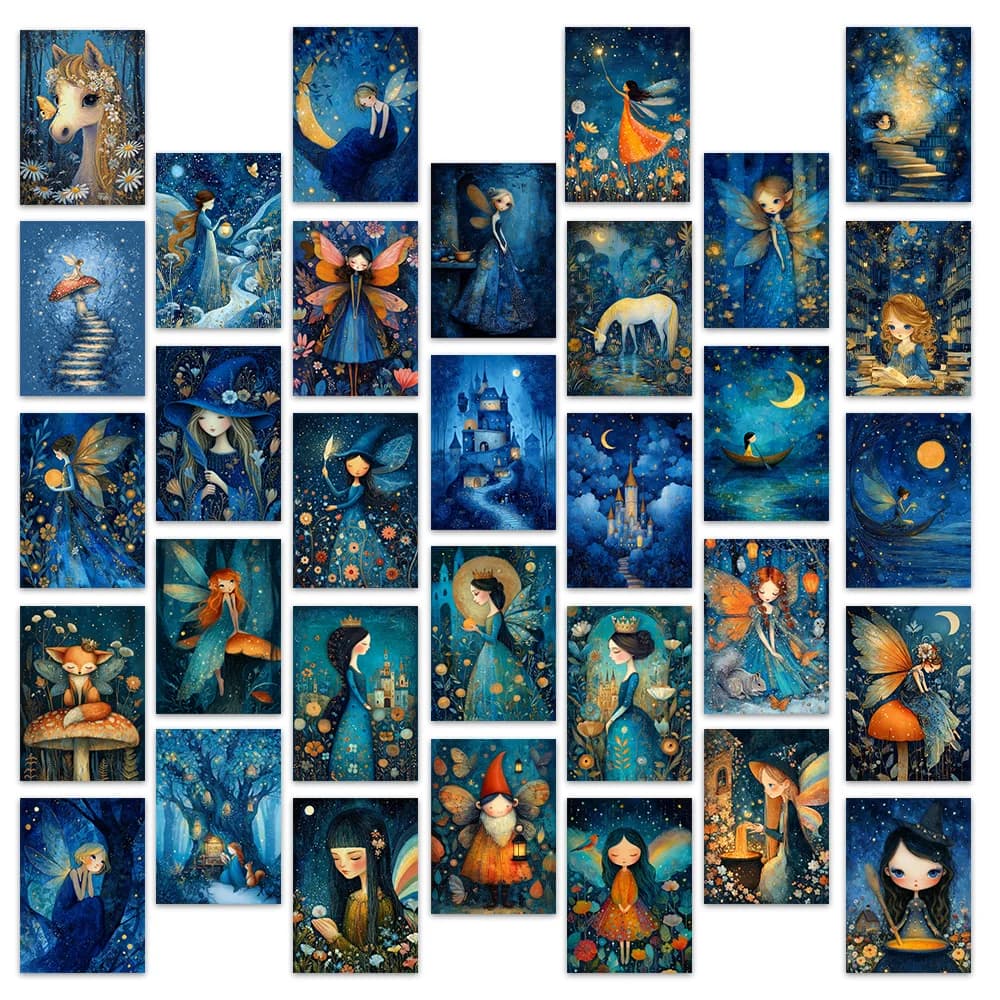 32 cartes postales, thème féerique de nuit magique, décoration de chambre à coucher, autocollants mu