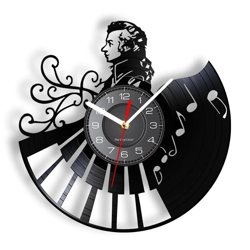 Horloge murale en vinyle avec motif de piano de Wolfgang Amadeus Mozart, décoration d'intérieur, hor