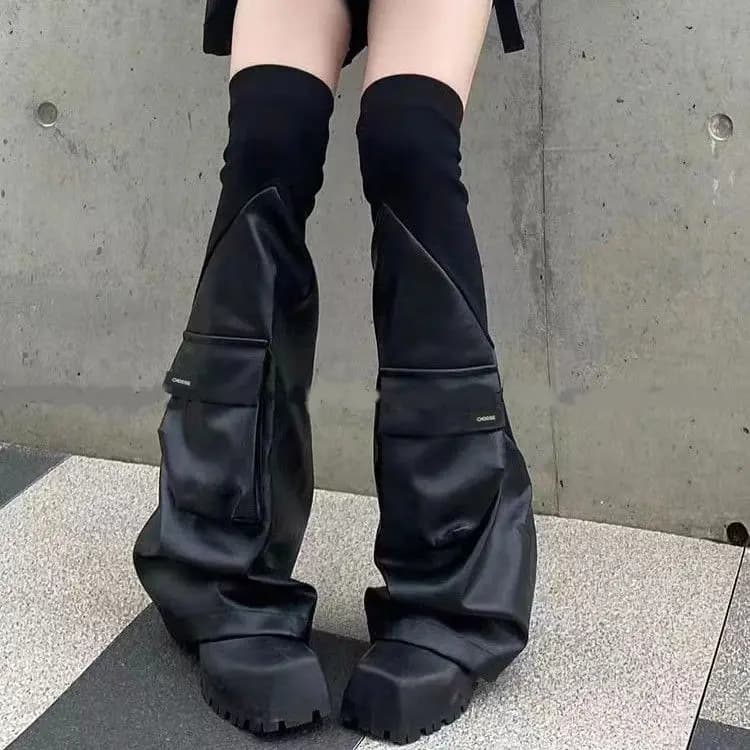 Jambières en cuir pour filles, chaussettes longues évasées pour femmes, couvre-jambes en cuir PU sur