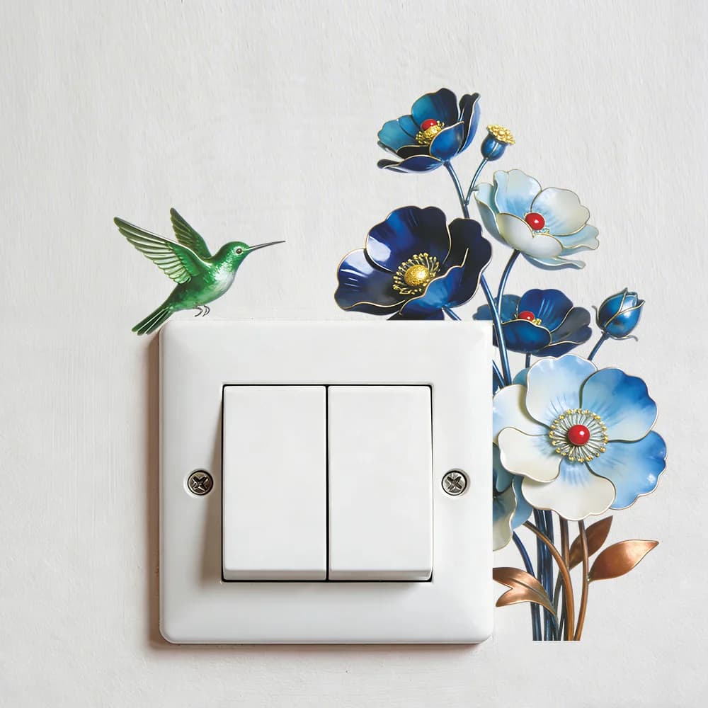 Autocollant mural amovible imperméable à l'eau avec fleurs bleues romantiques pour chambre à coucher