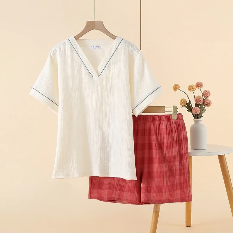 Pyjama en gaze de coton pour femmes, col en v, manches courtes, short, ample, décontracté, vêtements