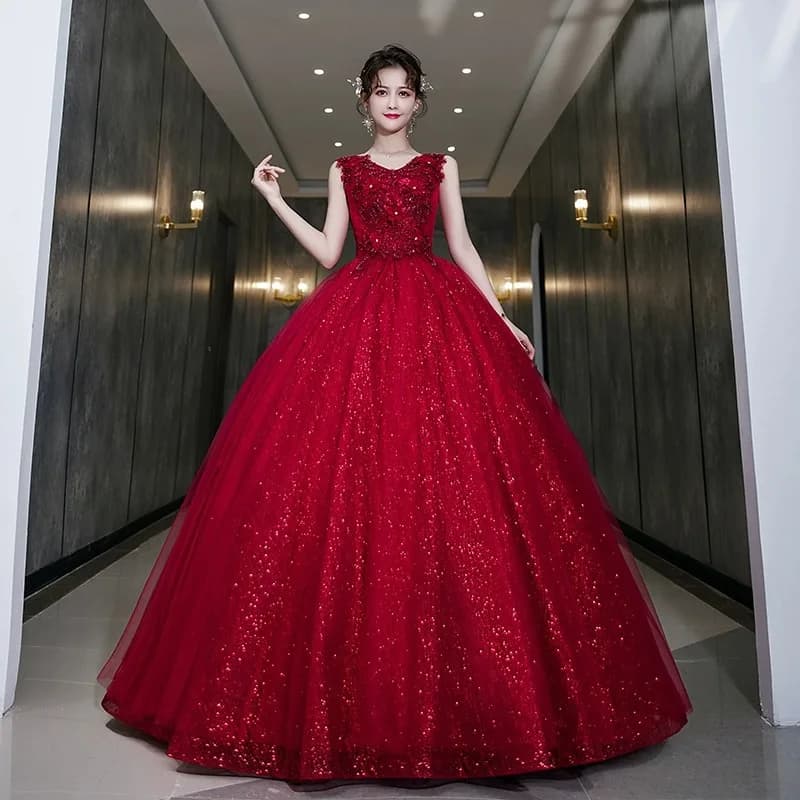 Robe de bal bordeaux personnalisée pour femme, en tulle, col en V, avec appliques, pour soirée, bal
