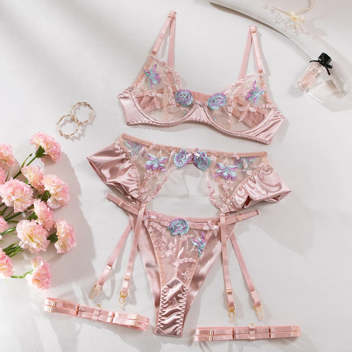 Lingerie sensuelle pour femmes, sous-vêtements fantaisie en soie florale, jarretelles transparentes,