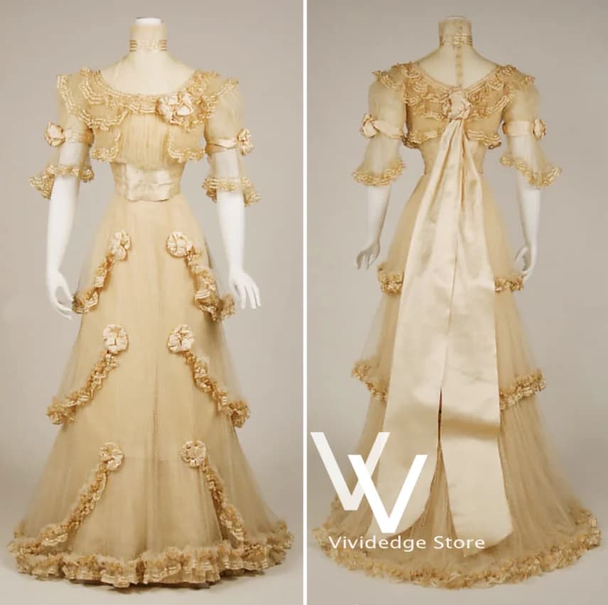 Robe de bal médiévale champagne, col montant victorien, volants, fleurs 3D, vintage, pour occasions 