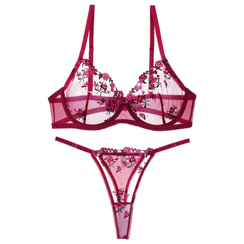 2025 nouveau vin rouge broderie fleur transparente Lingerie femme Push Up ventiler sous-vêtements G-