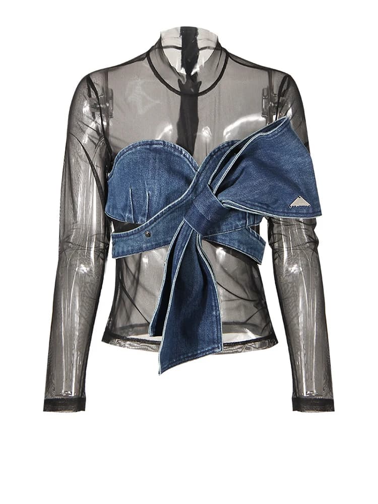 [EAM] Nouveau T-shirt slim en denim bleu à nœud et maille transparente pour femme, col roulé, manche