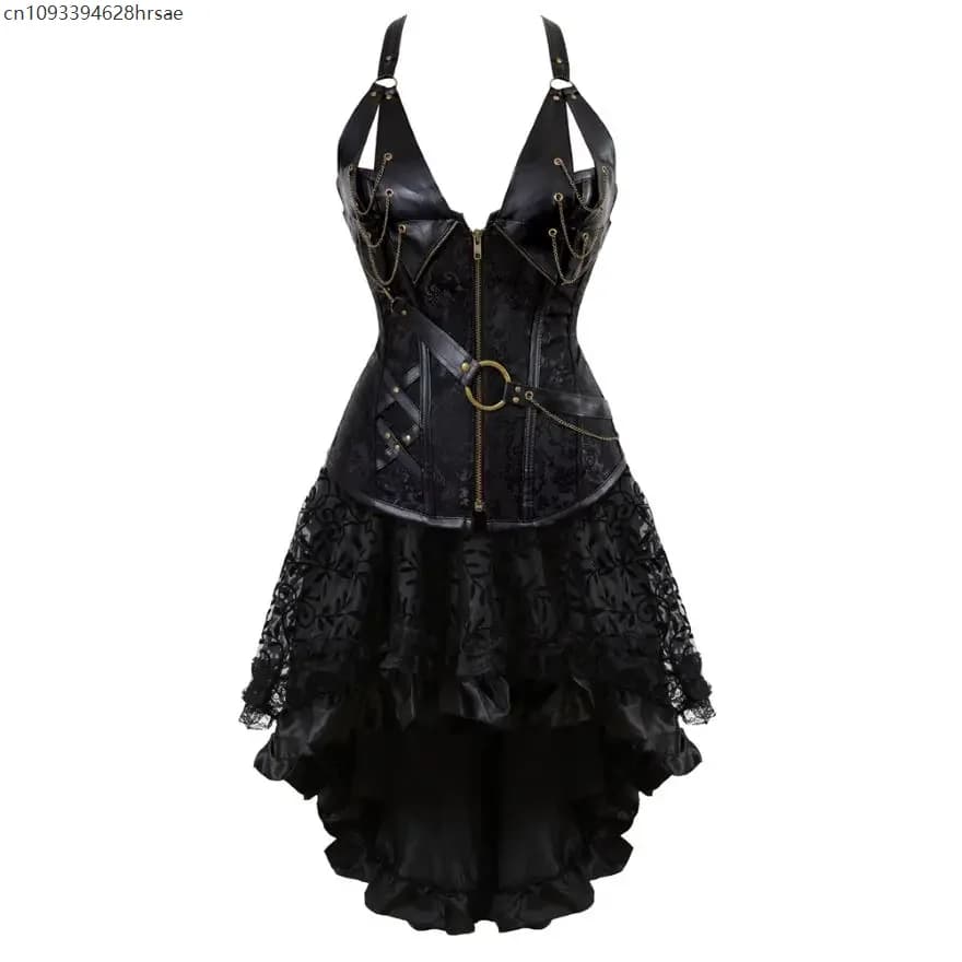 Robe Corsets gothiques en cuir, Bustier Pirate Steampunk avec jupe en dentelle florale, ensemble Bur