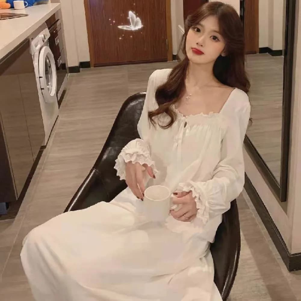 Chemise de nuit Style princesse à manches longues, pyjama en dentelle pour femmes, Version coréenne,