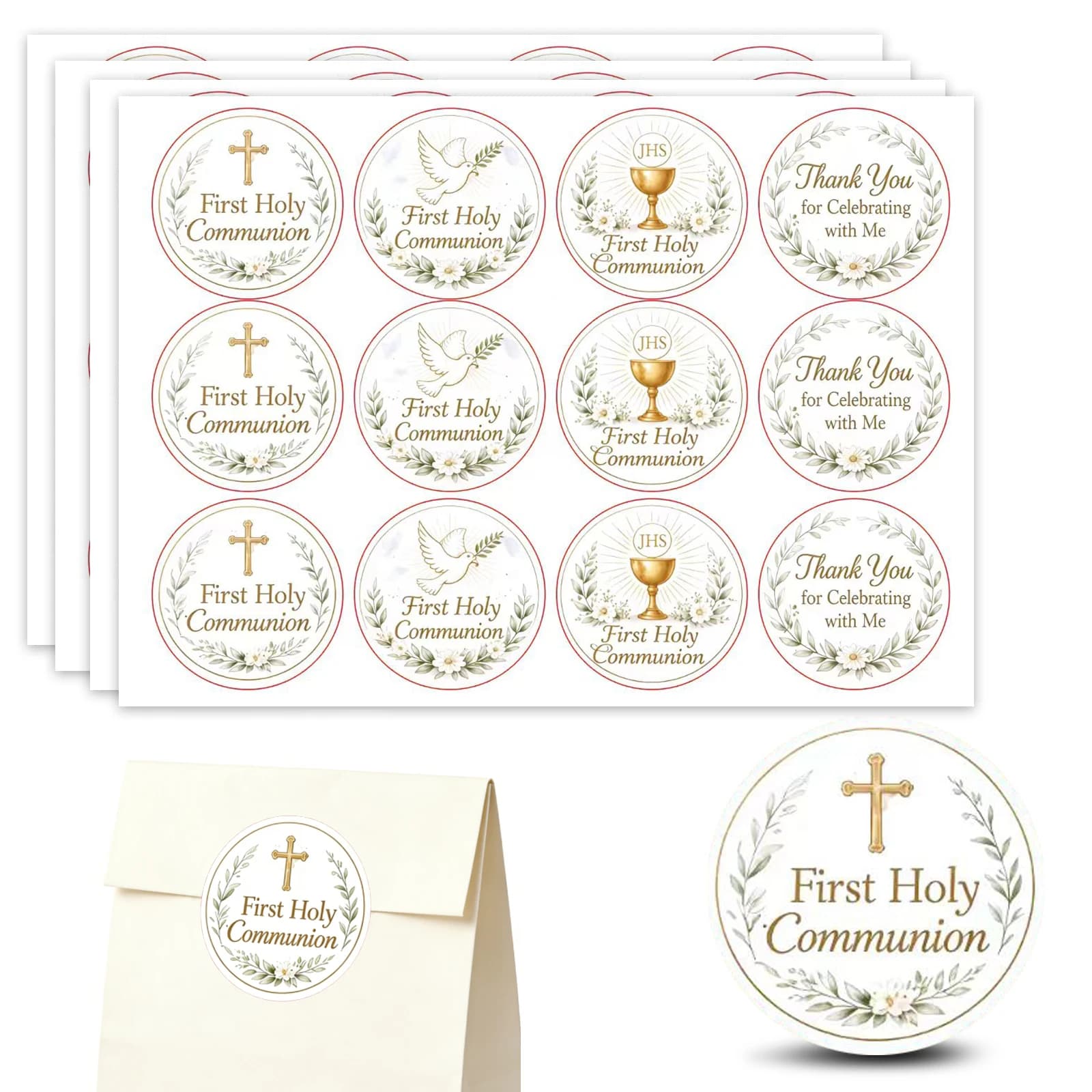 Autocollants de première communion, autocollants religieux pour fête de baptême, autocollants florau