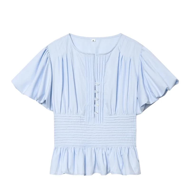 Chemisier bleu à volants pour femme, manches bouffantes, haut court décontracté d'été, tendance femm