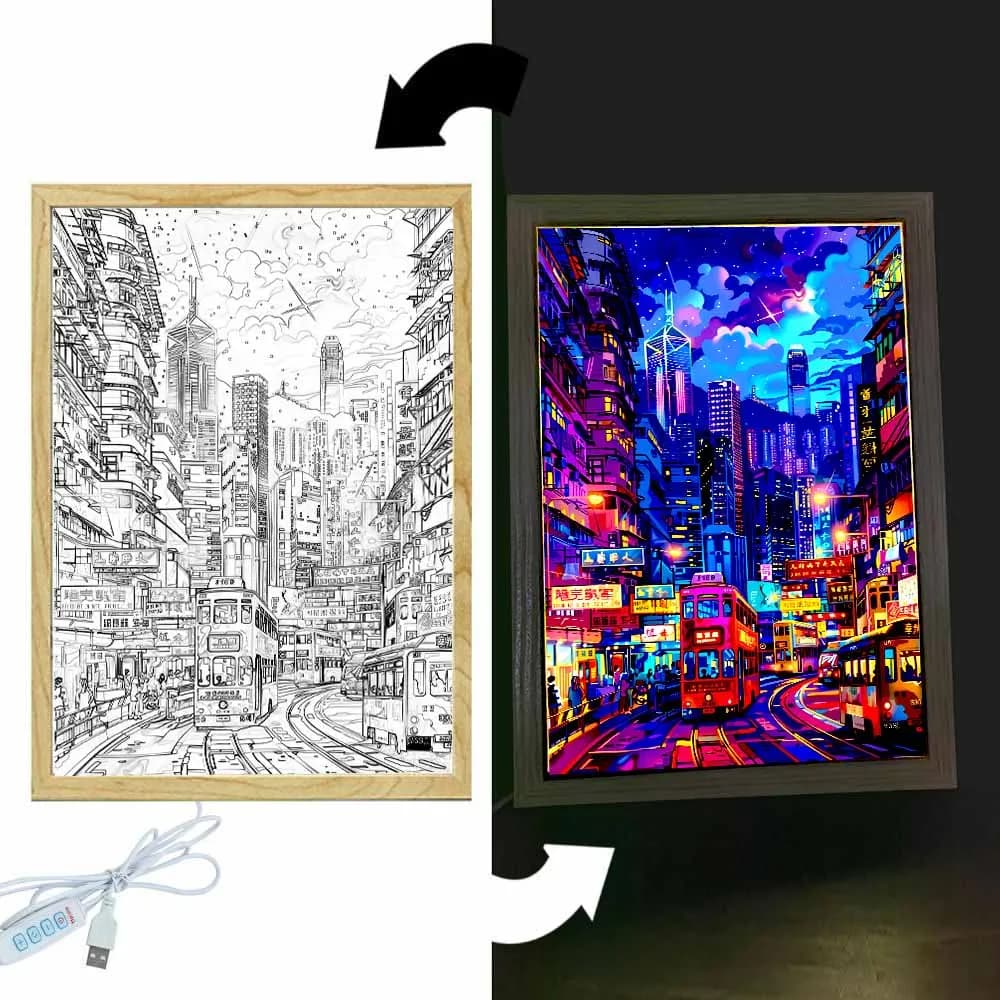 Peinture lumineuse cadre Photo belle ville Hong Kong Led veilleuse mur maison décorer lampe Table de