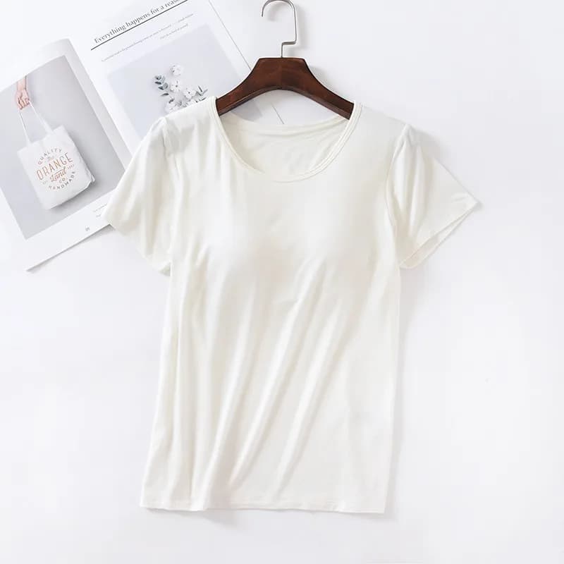 T-shirt à Manches Courtes pour Femme, avec Couche de Base de Buste Sans Fil Rembourré, Col Rond en Y