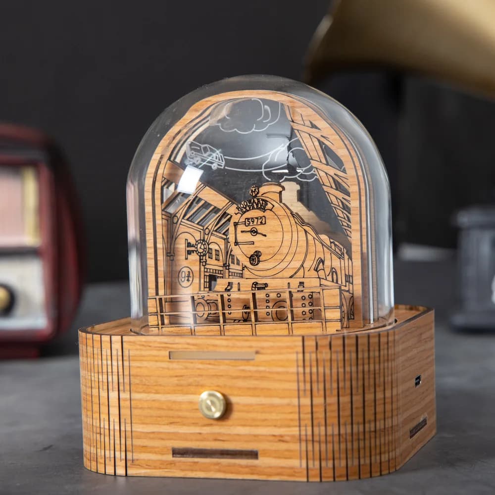Château magique Train 3D stéréoscopique veilleuse en bois papier sculpture tactile noyer noir boîte 