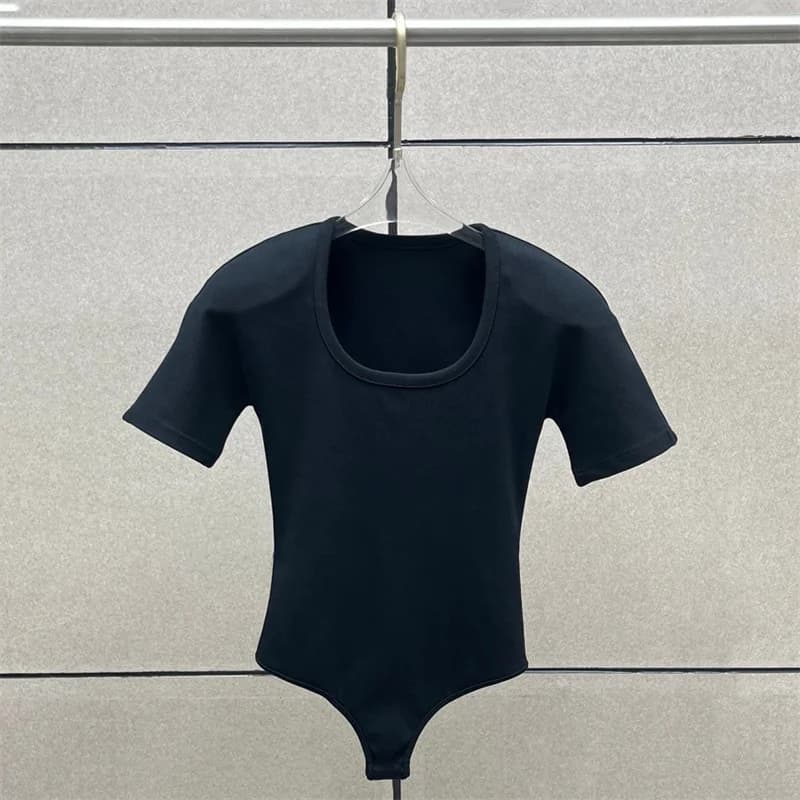 Body femme 2026 printemps nouveau élastique tricoté coupe ajustée haut à manches courtes col rond pu