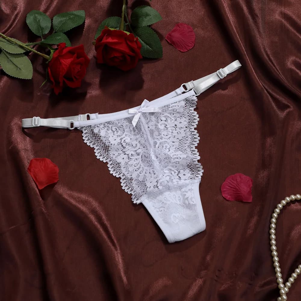 String pour femme ajustable, sexy, ajouré, motif floral en dentelle, avec nœud papillon, taille bass