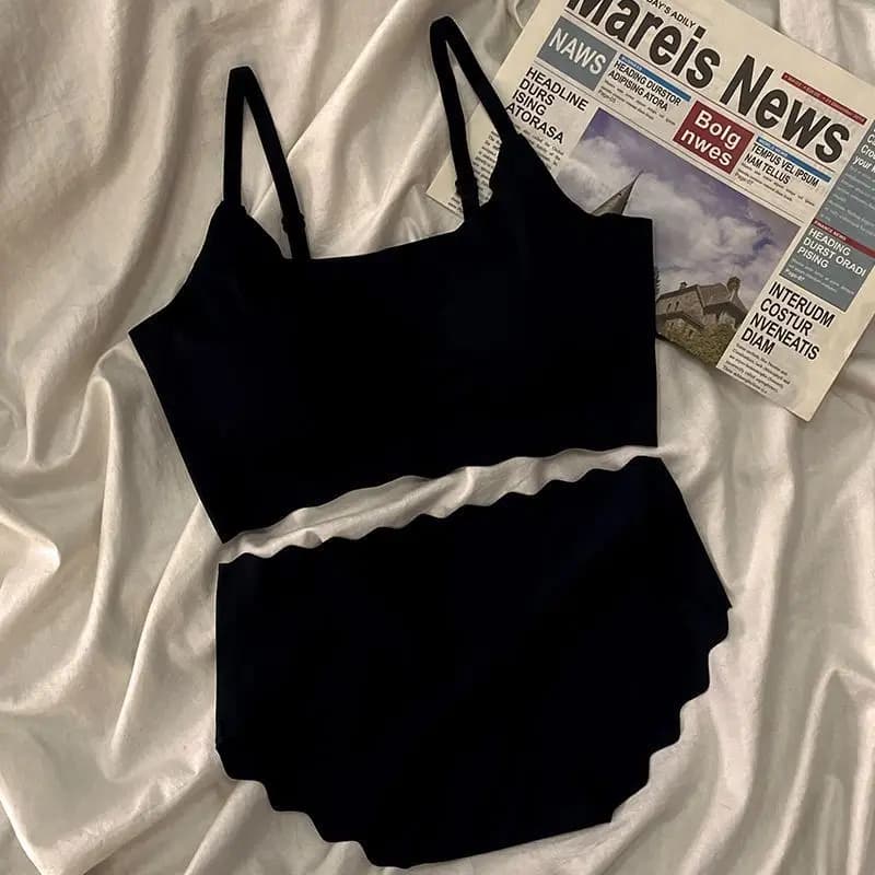 Ensemble soutien-gorge et culotte sans couture à bord festonné pour femmes, ensemble de lingerie con