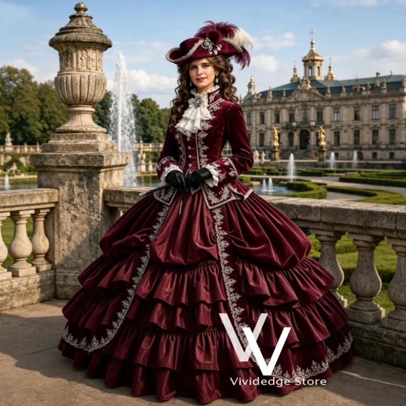 Robe de bal vintage bordeaux élégante à col montant, robe de soirée brodée à volants coupe trapèze, 