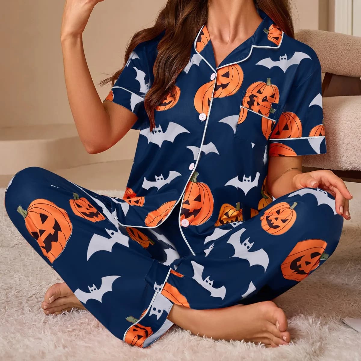 Ensemble pyjama imprimé Halloween pour femmes, col à la mode, chemise à manches courtes, pantalon Lo