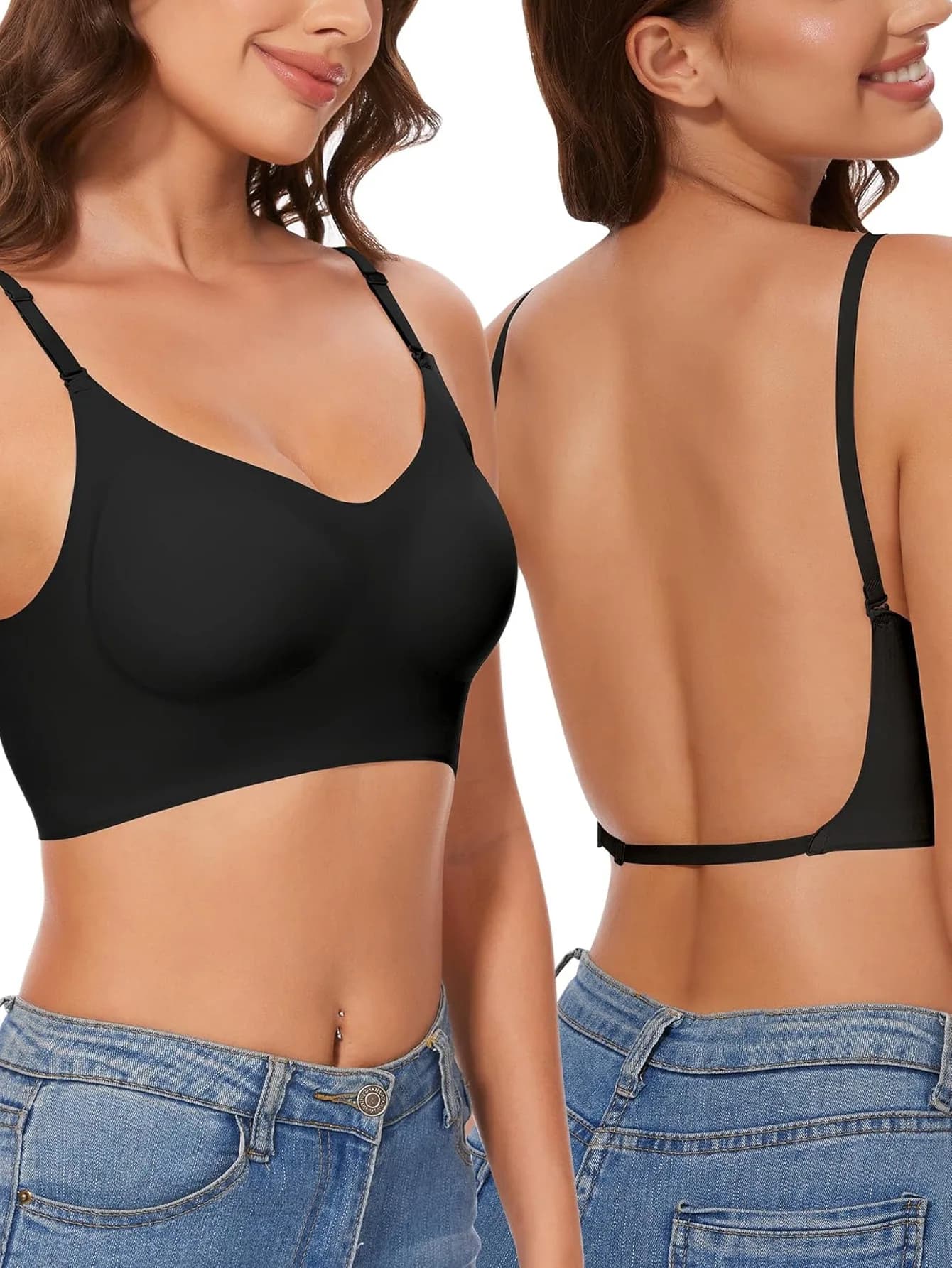 Soutien-gorge dos bas sans couture, Support multidirectionnel, sans fil, dos nu, col licou, rembourr